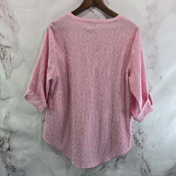 Chicos Shirt Women 1 Medium Pink Striped Popover Seersucker Textured Lemonia - Picture 5 of 12